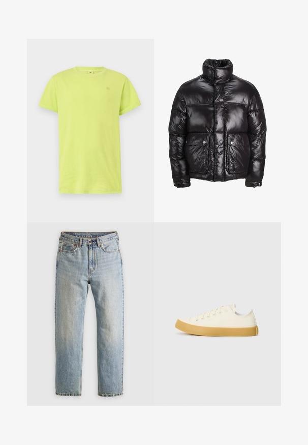 Melnā pūkainā jaka, kas izgatavota no spīdīga materiāla, ar augstu apkakli, divām priekšējām kabatām ar pogājamām aizdarem un pildītā dizainā.; Neon dzeltena kokvilnas T-kreklu ar īsām piedurknēm, apaļu kakla izgriezumu un mazu logo uz augšējās kreisās krūšu daļas. Gluda tekstūra.; Gai zila denima bikses ar augstu jostasvietu, priekšējo pogu, rāvējslēdzēju un piecu kabatu dizainu, izlīdzinātas uz neitrāla fona.; Kanvasas tenisa apavi ofē un balta krāsā ar apaļu purngali, ar beicu gumijas zole un piecām acīm šņorēšanai, teksturēta virsma augšdaļā.