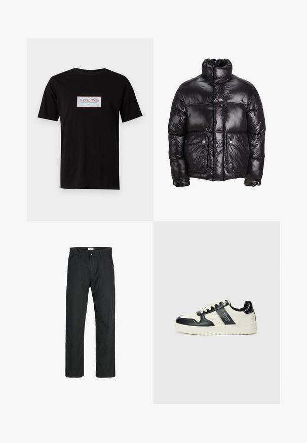 Črn napihljiv jopič iz sijočega materiala, z visokim ovratnikom, dvema sprednjima žepoma z zavihkom in oblazinjenim dizajnom.; Črna majica iz bombaža s pravokotnim logotipom "JACK & JONES" v rdeči in beli barvi, centriranim spredaj. Krajše rokave.; Črne hlače iz trpežnega materiala, s krojem naravnih nog, našitki ter dvema sprednjima žepoma za funkcionalnost.; Usnjeni športni čevlji z črno in krem barvno shemo, ki vključujejo perforirane dodatke, podložen ovratnik in strukturirano podplat.