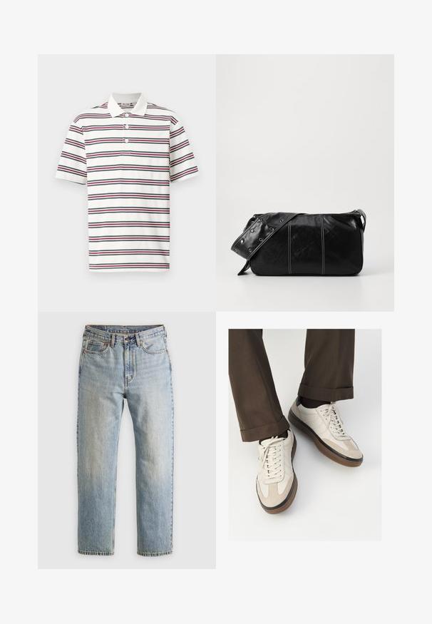 Schwarze Pufferjacke aus glänzendem Material, mit hohem Kragen, zwei vorderen Taschen mit Druckknopfverschlüssen und gepolstertem Design.; Kurzarm-Polohemd in Weiß mit horizontalen Streifen in Marineblau, Rot und Grün. Mit klassischem Kragen und einer Drei-Knopf-Leiste.; Helle blaue Jeans mit hoher Taille, Frontknopf, Reißverschluss und fünf Taschen-Design, flach auf einem neutralen Hintergrund ausgelegt.; Beige Sneakers mit einer strukturierten Wildlederfront, glatten Lederseiten und einer braunen Gummisohle. Bändel und helle Nähdetails sind enthalten.; Schwarze Leder Schultertasche mit Reißverschluss, ausgestattet mit einer strukturierten Oberfläche, weißen Nähten und einem Tragegurt mit silbernen Ösen.