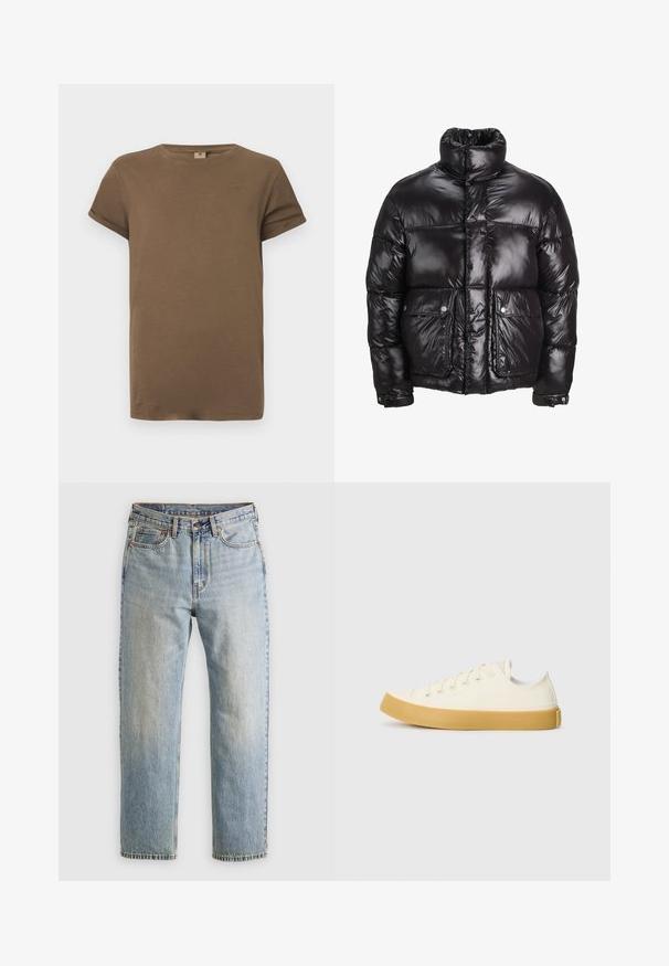 Fekete puffermellény fényes anyagból, magas gallérral, két elülső zsebbel, patentos záródással és párnázott kialakítással.; Barna, rövid ujjú pamut póló, kerek nyakkivágással és felhajtott ujjaikkal, sima fehér háttér előtt bemutatva.; Világoskék farmernadrág magas derékkal, elülső gombbal, cipzárral és öt zsebbel, sima háttérre fektetve.; Krémszínű vászon sportcipő, kerek orral, bézs gumi talppal és öt fűzőlyukkal, a felső részen texturált felülettel.