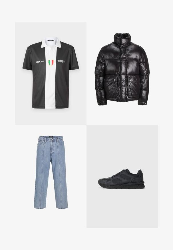 Mustmust särk, mis on valmistatud läikivast materjalist, kõrge kaelusega, kahte esist taskut nupuga sulgemisega ja pehmendatud disainiga.; Mustvalge lühikeste varrukatega polo särgiga, millel on krae, esiküljel "REPLAY" logo, number "981" ja Itaalia lipu emblem.; Heledad sinine teksapüksid, millel on lai lõige, laiad sääred ja nähtavad õmbluse detailid. Omab nööbiga ja lukuga kinni tõmmatavat piirdu, viis taskut.; Replay ARTHUR ATOM - Tossud - black