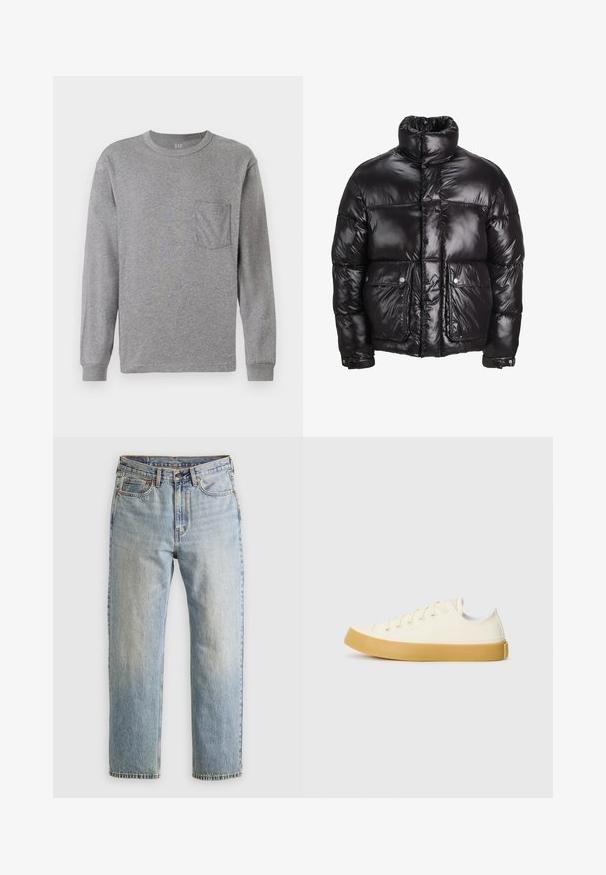 Melnā pūkainā jaka, kas izgatavota no spīdīga materiāla, ar augstu apkakli, divām priekšējām kabatām ar pogājamām aizdarem un pildītā dizainā.; Pelēks garām piedurknēm T-krekls ar apaļu kaklu, ar krūšu kabatu un ribotām aprocēm. Izgatavots no mīksta, viegla kokvilnas materiāla.; Gai zila denima bikses ar augstu jostasvietu, priekšējo pogu, rāvējslēdzēju un piecu kabatu dizainu, izlīdzinātas uz neitrāla fona.; Kanvasas tenisa apavi ofē un balta krāsā ar apaļu purngali, ar beicu gumijas zole un piecām acīm šņorēšanai, teksturēta virsma augšdaļā.