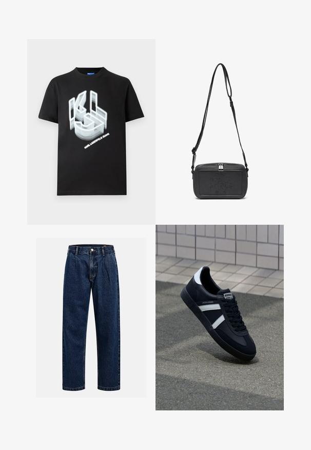 Melnā pūkainā jaka, kas izgatavota no spīdīga materiāla, ar augstu apkakli, divām priekšējām kabatām ar pogājamām aizdarem un pildītā dizainā.; Melna kokvilnas t-krekls ar grafisku logo baltā krāsā, ar dziļuma ilūziju, un tekstu "KARL LAGERFELD JEANS" zem logo.; Tumši zilie džinsu bikses ar taisna kāju dizainu. Iezīmējas redzamas šuves, pogu aizdare un priekšējie gurni papildu detaļām.; Melnā ādas sporta apavi ar baltām svītrām, teksturēta gumijas zole un auklu aizdare. Iekļauj zīmola etiķeti uz mēles.; Melna ādas soma uz pleca ar zīmolu, slēdzamu rāvējslēdzēju un regulējamu siksnu. Gluda tekstūra un taisnstūru forma.