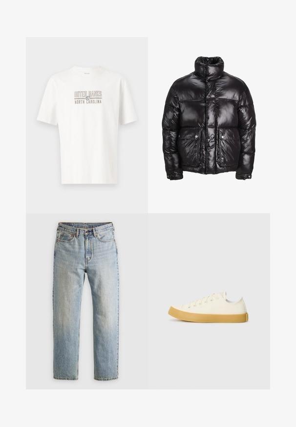 Svart puffjacka i glansigt material, med hög krage, två framfickor med tryckknappar och en vadderad design.; Vit bomullströja med korta ärmar, med "OUTER BANKS NORTH CAROLINA" tryckt i grått och subtila guldfärgade accenter.; Ljusblå denimjeans med hög midja, framknäppning, dragkedja och femficksdesign, placerade platt på en neutral bakgrund.; Canvas sneakers i off-white med rund tå, med beige gummisulor och fem öglor för snören, texturerad finish på ovandelen.