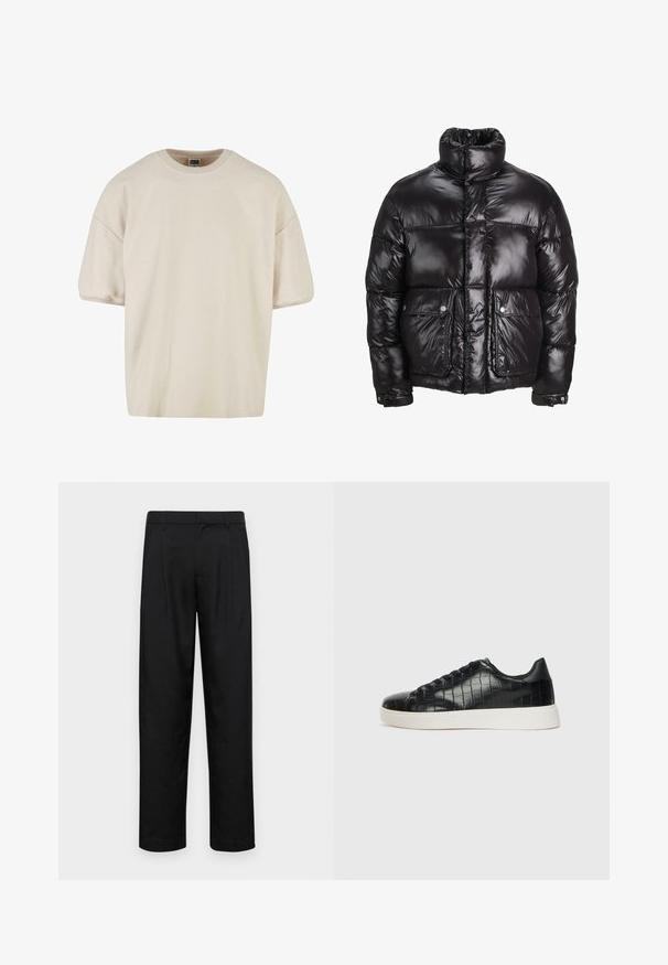 Mustmust särk, mis on valmistatud läikivast materjalist, kõrge kaelusega, kahte esist taskut nupuga sulgemisega ja pehmendatud disainiga.; Urban Classics TERRY BOXY - Lihtne T-särk - softseagrass; Mustad mustadest riietest, millel on sirge jalgade disain, kaks eesmist voltimist ja tavaline vöökoht, millel on vöökohad.; Mustad mustad mustad kroko-reljeefiga nahast ülemine osa, ümar varvas ja kontrastne valge kummitald, millel on sile viimistlus.