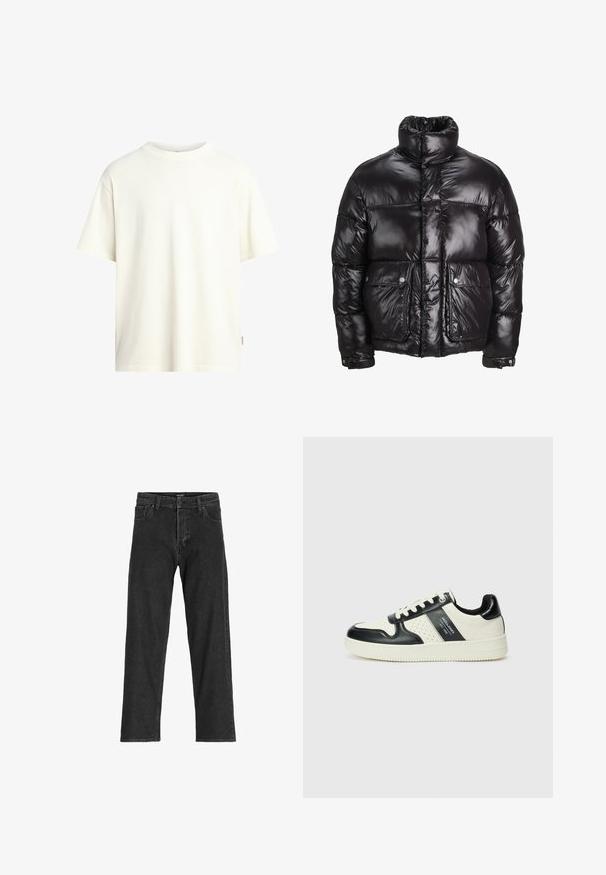 Black puffer jacket made of shiny material, featuring a high collar, two front pockets with snap closures, and a padded design.; Short-sleeve, crew-neck t-shirt in off-white, made of soft cotton, featuring a straight cut and minimalistic design with no patterns.; Black denim jeans with a straight leg design, featuring a zip fly, belt loops, and six pockets, made from a sturdy cotton blend fabric.; Leather sneakers with a black and cream color scheme, featuring perforated accents, a padded collar, and a textured outsole.