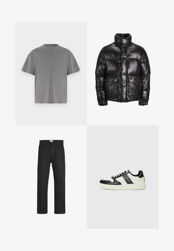 Abrigo acolchado negro hecho de material brillante, con un cuello alto, dos bolsillos frontales con cierres a presión y un diseño acolchado.; Camiseta de algodón gris con cuello redondo, mangas cortas y un corte holgado. Textura suave, sin patrones o acentos visibles.; Pantalones negros de tela duradera, con un diseño de pierna recta, detalles cosidos y dos bolsillos frontales para mayor funcionalidad.; Zapatillas de cuero con un esquema de colores negro y crema, que cuentan con acentos perforados, un collar acolchado y una suela texturizada.