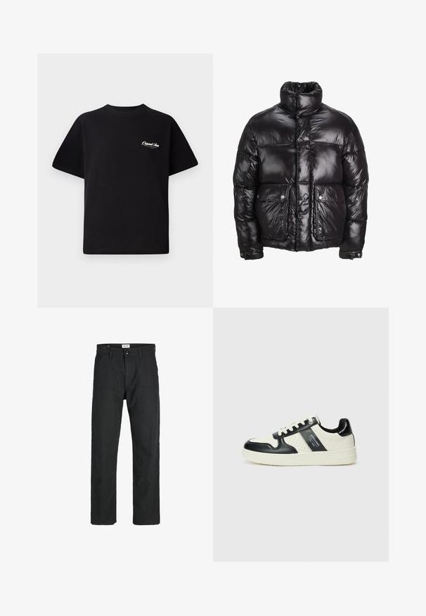 Abrigo acolchado negro hecho de material brillante, con un cuello alto, dos bolsillos frontales con cierres a presión y un diseño acolchado.; Camiseta de algodón negra con cuello redondo, mangas cortas y pequeño texto en blanco del logo en el lado izquierdo del pecho. Diseño simple, corte clásico.; Pantalones negros de tela duradera, con un diseño de pierna recta, detalles cosidos y dos bolsillos frontales para mayor funcionalidad.; Zapatillas de cuero con un esquema de colores negro y crema, que cuentan con acentos perforados, un collar acolchado y una suela texturizada.