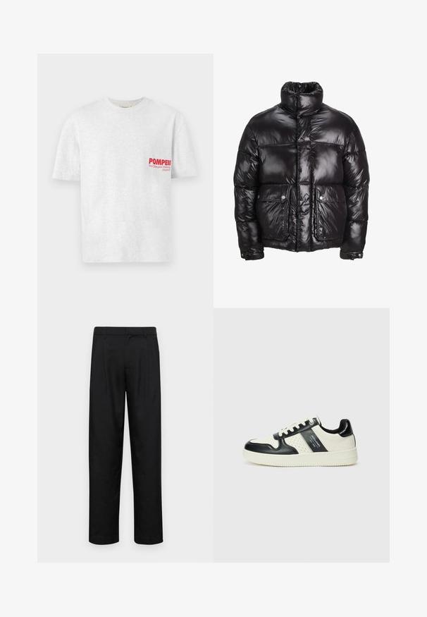 Black puffer jacket made of shiny material, featuring a high collar, two front pockets with snap closures, and a padded design.; Gray cotton t-shirt with short sleeves and a round neckline. Features red text "POMPEII" and "We Champion Walking (Madrid)" on the left chest.; Black trousers made of smooth fabric, featuring a straight-leg design, two front pleats, and standard waistband with belt loops.; Leather sneakers with a black and cream color scheme, featuring perforated accents, a padded collar, and a textured outsole.