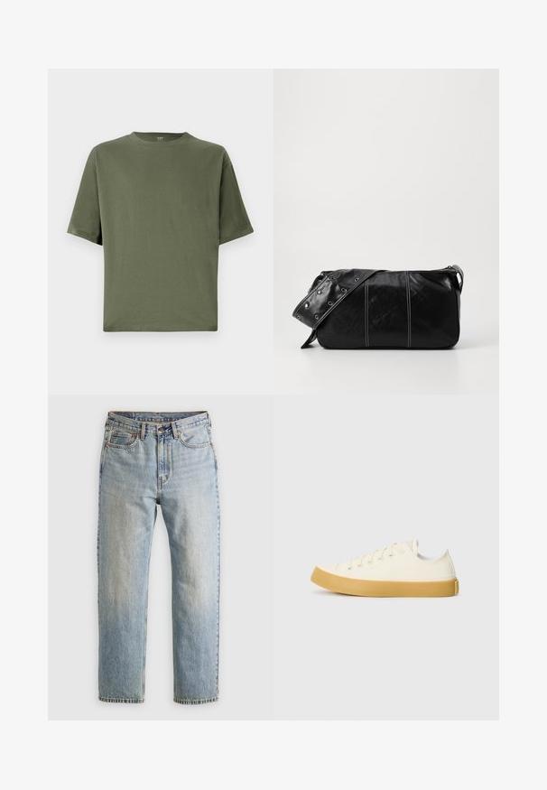 Svart pufferjakke laget av skinnende materiale, med høy krage, to frontlommer med trykknapper og polstret design.; Oliven grønn kortermet T-skjorte laget av bomull, med rund hals og en avslappet passform. Glatt tekstur uten ekstra mønstre eller akenter.; Lys blå denim jeans med høy midje, frontknapp, glidelås og fem-lommers design, lagt flatt på en nøytral bakgrunn.; Canvas sneakers i off-white med rund tå, med beige gummisåler og fem hull for lisser, strukturert finish på overdelen.; Svart lær skulderveske med glidelås, med teksturert overflate, hvite sømmer og en stropp med sølvringer.