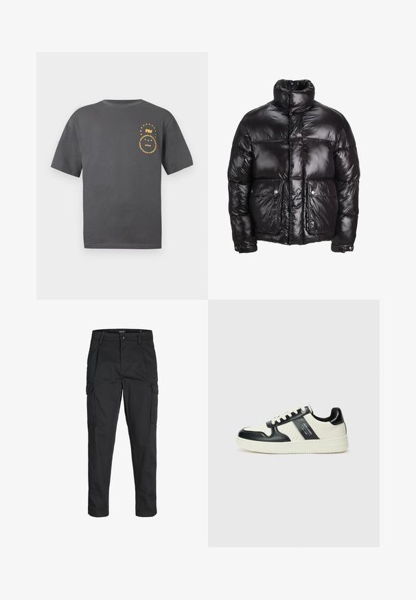 Zwarte pufferjack gemaakt van glanzend materiaal, met een hoge kraag, twee voorzakken met drukknoopsluitingen en een gewatteerd ontwerp.; Grijze T-shirt met korte mouwen van katoen. Heeft een gele cirkelvormige grafische afbeelding met tekst en sterren op de linkerborst.; Zwarte cargobroek van stevig stof, met meerdere zakken, een knoopsluiting en een slim fit ontwerp met taps toelopende benen.; Leren sneakers met een zwart en crèmekleurig kleurenschema, voorzien van geperforeerde accenten, een gevoerde kraag en een gestructureerde buitenzool.