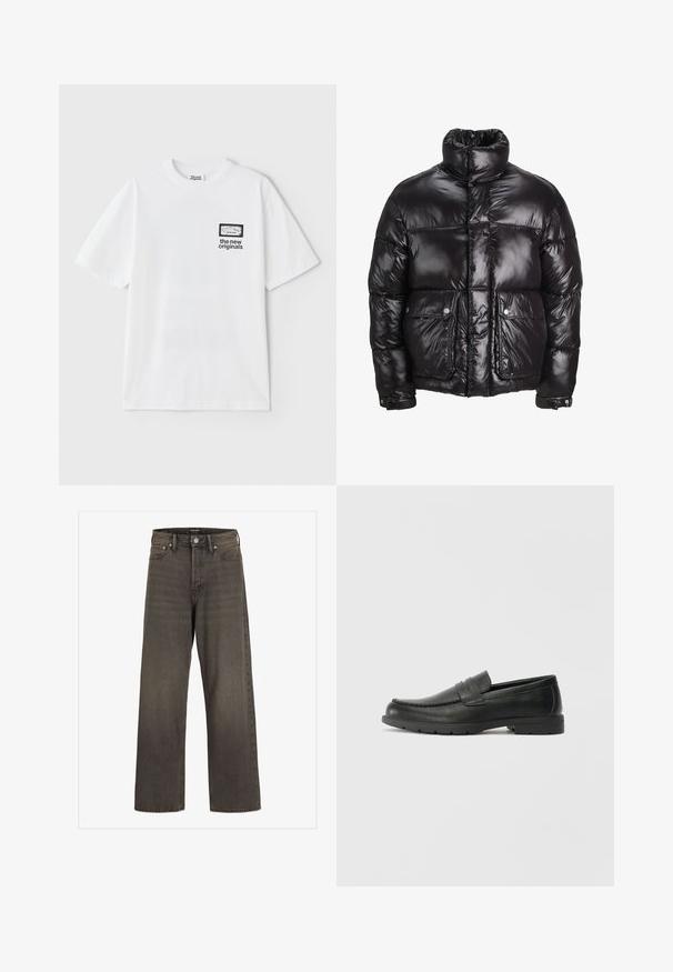 Melnā pūkainā jaka, kas izgatavota no spīdīga materiāla, ar augstu apkakli, divām priekšējām kabatām ar pogājamām aizdarem un pildītā dizainā.; Baltas kokvilnas T-krekls ar īsām piedurknēm, ar taisnstūra grafisku kabatas druku un tekstu "jaunās oriģinālas" melnā krāsā.; Platas kājas džinsi tumši pelēkā denima, ar augstu jostasvietu, klasisku piecu kabatu dizainu un kontrastējošām šuvēm.; Melnas ādas loafers ar gludu apdari, mokasīnu stila augšdaļu, šūtu detalizāciju un gumijas zoli. Klasisks dizains ar zemu papēdi.