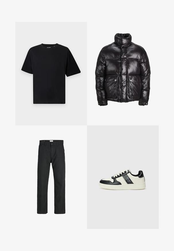 Juodas pūkinis švarkas, pagamintas iš blizgaus medžiagos, su aukštu apykakle, dviem priekiniais kišenėmis su snapeliais ir paminkštinta struktūra.; Juodas trumpas rankovėmis T-marškiniai su apvaliu kaklu, atsipalaidavusio silueto, pristatyti ant baltos fono.; Juodi kelniai, pagaminti iš tvirto audinio, su tiesiomis kojomis, siuvinėtomis detalėmis ir dviem priekinėmis kišenėmis funkcionalumui.; Odiniai sportbačiai juodos ir kreminės spalvų schemoje, su perforuotais akcentais, paminkštinta apykakle ir tekstūruotu padu.