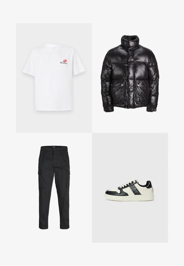 Fekete puffermellény fényes anyagból, magas gallérral, két elülső zsebbel, patentos záródással és párnázott kialakítással.; Fehér pamut póló rövid ujjal, kerek nyakkivágással, és egy színes nyomott mintával, amelyen egy eper látható a "Frozen Strawberry" felirattal.; Fekete cargo nadrág, amely tartós anyagból készült, több zsebet tartalmaz, gombos záródással rendelkezik, és karcsú szabású, szűkített lábakkal bír.; Fekete és krém színű bőrsneaker, perforált díszítésekkel, párnázott bokapánttal és texturált talppal.