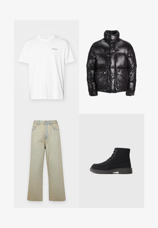Črn napihljiv jopič iz sijočega materiala, z visokim ovratnikom, dvema sprednjima žepoma z zavihkom in oblazinjenim dizajnom.; Bela bomba majica iz bombaža z okroglim ovratnikom in kratkimi rokavi. Majhen črni logotip "Pepe Jeans" na zgornjem levem prsnem delu.; Svijetloplavi traper hlače širokog kroja s izblijedjelim finishom. Ima pet džepova i kopčanje na gumbe sprijeda.; Črni gležnjarji iz semiša in sintetičnega materiala. Zaobljen prst, šest okenc z zvezdicami iz kovinskih vezalk, debel gumijast podplat in minimalni teksturni detajli.