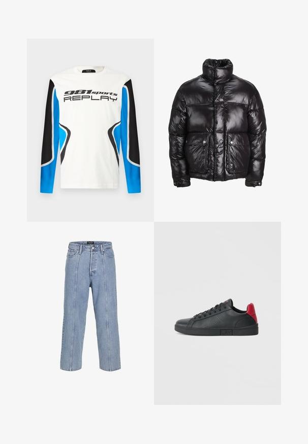 Schwarze Pufferjacke aus glänzendem Material, mit hohem Kragen, zwei vorderen Taschen mit Druckknopfverschlüssen und gepolstertem Design.; Langarm-Sportshirt mit weißer Vorderseite, schwarzen und blauen Ärmeln und dem Aufdruck "981 sports REPLAY" auf der Brust.; Hellblaue Denim-Jeans mit lockerer Passform, weitem Bein und sichtbaren Stickdetails. Mit Knopf- und Reißverschluss, fünf Taschen.; Schwarze synthetische Sneaker mit roten Fersenakzenten, perforiertem seitlichem Design, runder Zehenpartie, flacher schwarzer Sohle und schwarzen Schnürsenkeln.