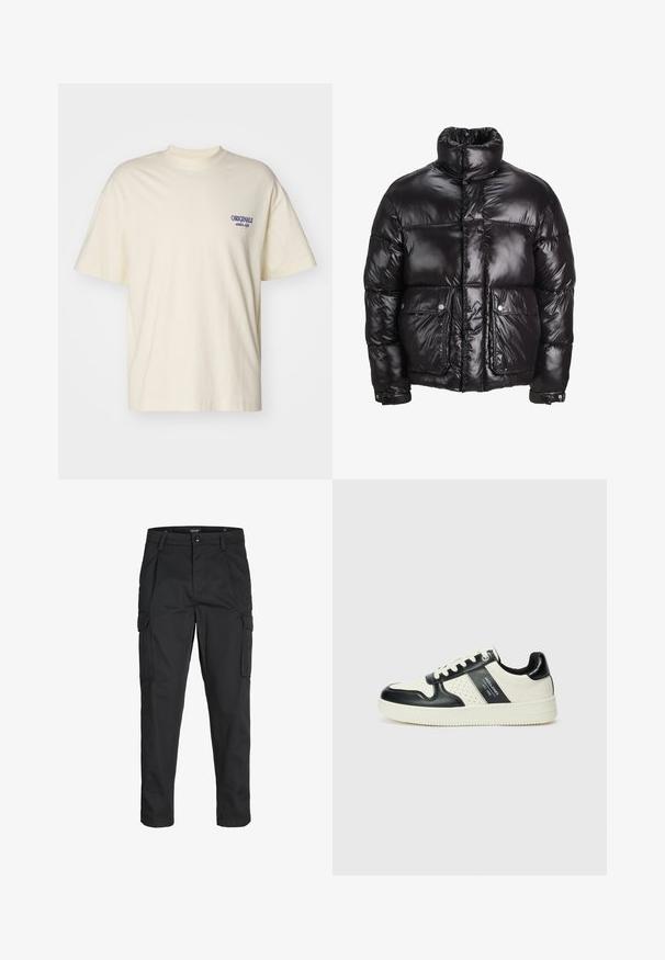 Svart puffjacka i glansigt material, med hög krage, två framfickor med tryckknappar och en vadderad design.; Kortärmad krämfärgad t-shirt i bomull. Har en liten blå "ORIGINALS"-logotyp på vänster bröst. Klassisk passform och rund halsringning.; Svarta cargobyxor tillverkade av hållbart tyg, med flera fickor, knappstängning och en smal passform med avsmalnande ben.; Läder sneakers med en svart och krämfärgad färgsättning, med perforerade detaljer, en vadderad krage och en strukturerad yttersula.