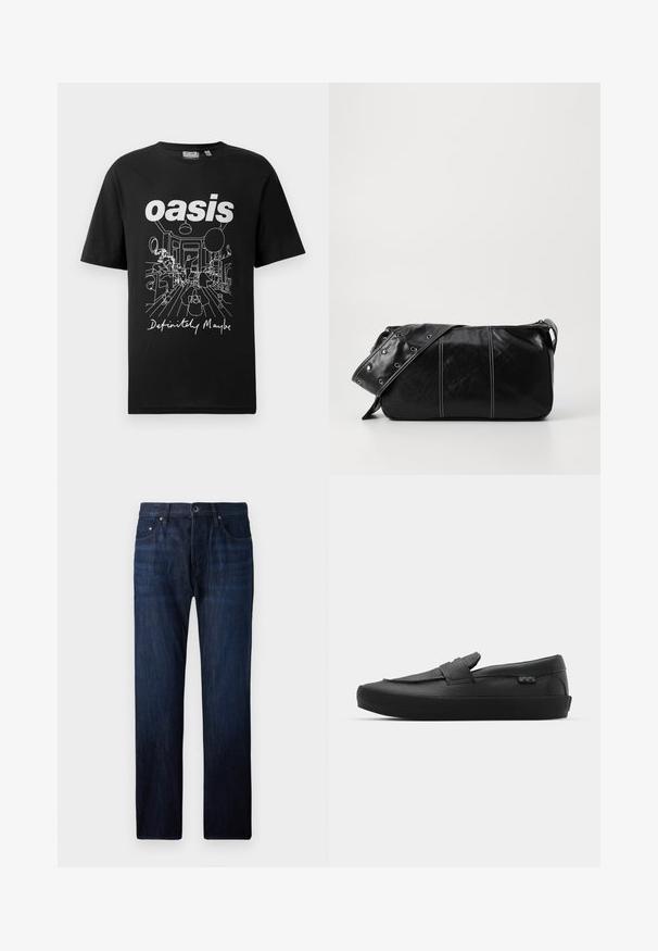 Jachetă puffer neagră din material lucios, cu guler înalt, două buzunare frontale cu închidere prin capse și un design căptușit.; Tricou din bumbac negru cu imprimeu alb care înfățișează o scenă de interior cu oameni, iar dedesubt se află textul "oasis" și "Definitely Maybe".; Jeanși din denim de culoare albastru închis, cu croială dreaptă, având cinci buzunare, închidere cu botton frontal și o estompare subtilă în zona genunchilor.; Vans SKATE LOAFER UNISEX - Sneakers low - black; Geantă de umăr din piele neagră cu închidere cu fermoar, având un corp texturat, cusături albe și o curea cu ochiuri argintii.