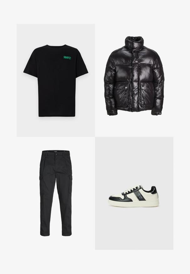 Jachetă puffer neagră din material lucios, cu guler înalt, două buzunare frontale cu închidere prin capse și un design căptușit.; Tricou negru din bumbac, cu mâneci scurte. Prezintă un logo verde "ROOTS" pe față, guler rotund și o potrivire standard.; Pantaloni cargo negri dintr-un material rezistent, cu multiple buzunare, închidere cu nasture și un design slim fit cu picioare conice.; Tenisi din piele cu un scheme de culori negru și crem, dotati cu accente perforate, guler căptușit și o talpă texturată.