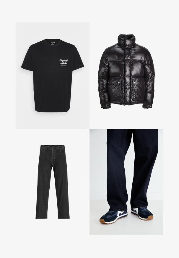 Black puffer jacket made of shiny material, featuring a high collar, two front pockets with snap closures, and a padded design.; Black cotton T-shirt featuring a crew neck, short sleeves, and white printed text on the left chest area. Simple design with no additional patterns.; Black denim jeans with a straight leg design, featuring a zip fly, belt loops, and six pockets, made from a sturdy cotton blend fabric.; Navy and white athletic shoes with a textured upper, laces, and rubber sole, paired with dark denim pants with orange stitching.