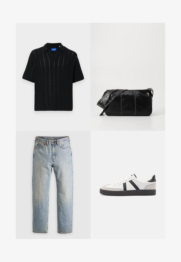 Giacca a vento nera in materiale lucido, con colletto alto, due tasche frontali con chiusura a pressione e design imbottito.; Polo a maglia nera con maniche corte, dotato di scollatura a V, motivo traforato e polsini a costine. Etichetta visibile all'interno del colletto.; Jeans in denim azzurro chiaro con vita alta, bottone anteriore, cerniera e design a cinque tasche, adagiati su uno sfondo neutro.; Sneaker bianco con accenti neri e grigi, dotata di una punta grigia testurizzata, suola in gomma nera e lacci bianchi piatti. Design pulito, stile minimalista.; Borsa a spalla in pelle nera con chiusura a zip, caratterizzata da un corpo testurizzato, cuciture bianche e una tracolla con occhielli in argento.