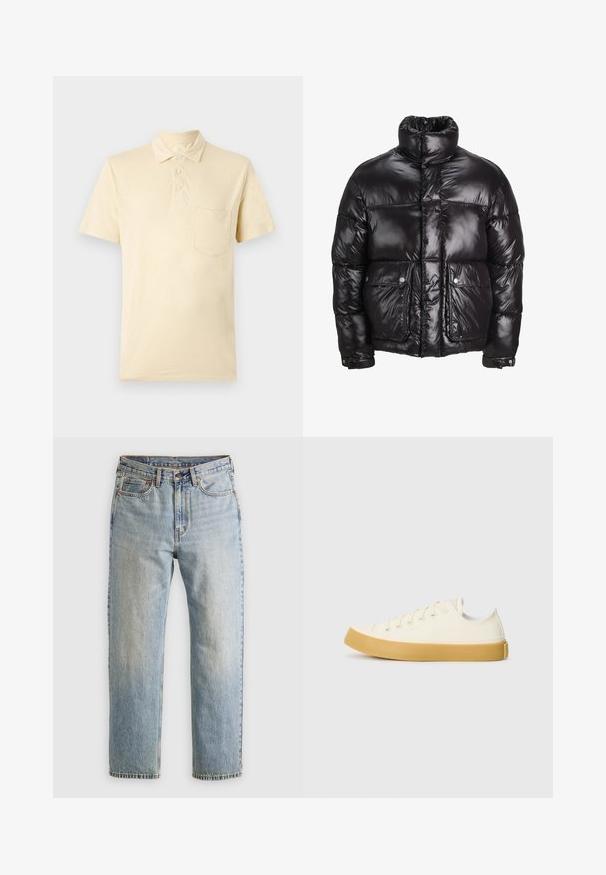 Musta untuvaparka, joka on valmistettu kiiltävästä materiaalista, jossa on korkea kaulus, kaksi etutaskua napilla, sekä pehmustettu muotoilu.; Vaaleankeltainen lyhythihainen poolopaita, jossa on kaulus, neljän napin halkio ja vasemmalla rintatasku. Rakenteellinen kangas, jossa on hienovaraista kiiltoa.; Vaaleansininen farkut, joissa on korkea vyötärö, etunappi, vetoketju ja viisi taskua, asetettu tasaisesti neutraalille taustalle.; Kankava sneakers vaaleassa valkoisessa, pyöreällä varvalla, jossa on beiget kumipohjat ja viisi reikää nauhoille, teksturoitu pinta ylemmässä osassa.