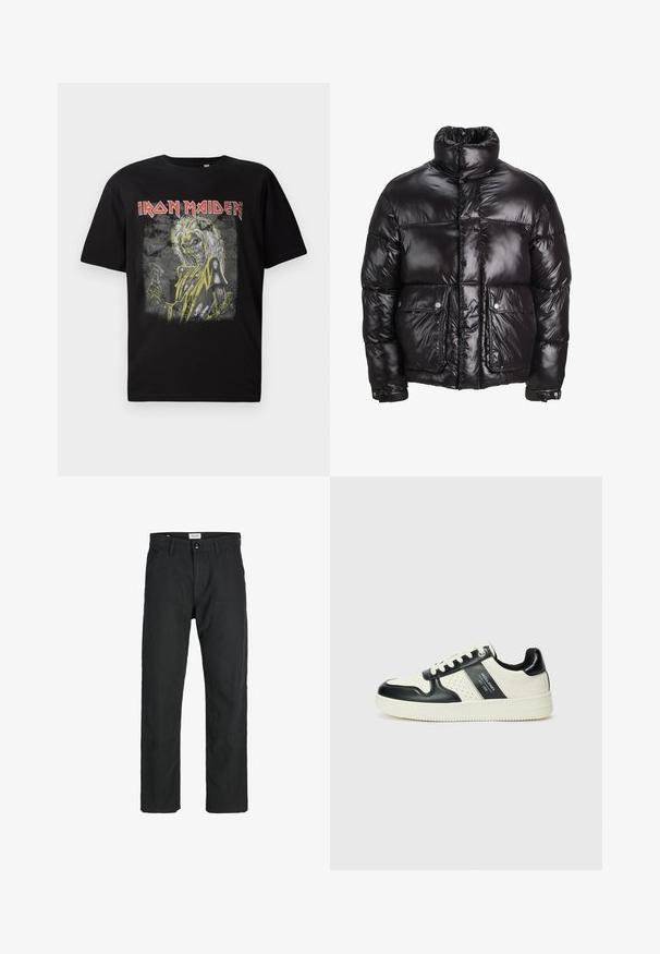 Abrigo acolchado negro hecho de material brillante, con un cuello alto, dos bolsillos frontales con cierres a presión y un diseño acolchado.; Camiseta de algodón negra con un diseño gráfico de una figura esquelética con acentos amarillos y el texto "Iron Maiden" en rojo, con cuello redondo.; Pantalones negros de tela duradera, con un diseño de pierna recta, detalles cosidos y dos bolsillos frontales para mayor funcionalidad.; Zapatillas de cuero con un esquema de colores negro y crema, que cuentan con acentos perforados, un collar acolchado y una suela texturizada.