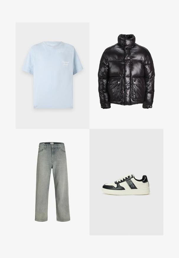 Black puffer jacket made of shiny material, featuring a high collar, two front pockets with snap closures, and a padded design.; Light blue t-shirt made of cotton, featuring a crew neckline, short sleeves, and a small white logo on the chest, with a smooth texture.; Light gray, loose-fitting jeans made of denim. Features a classic five-pocket design, belt loops, and a straight leg silhouette.; Leather sneakers with a black and cream color scheme, featuring perforated accents, a padded collar, and a textured outsole.