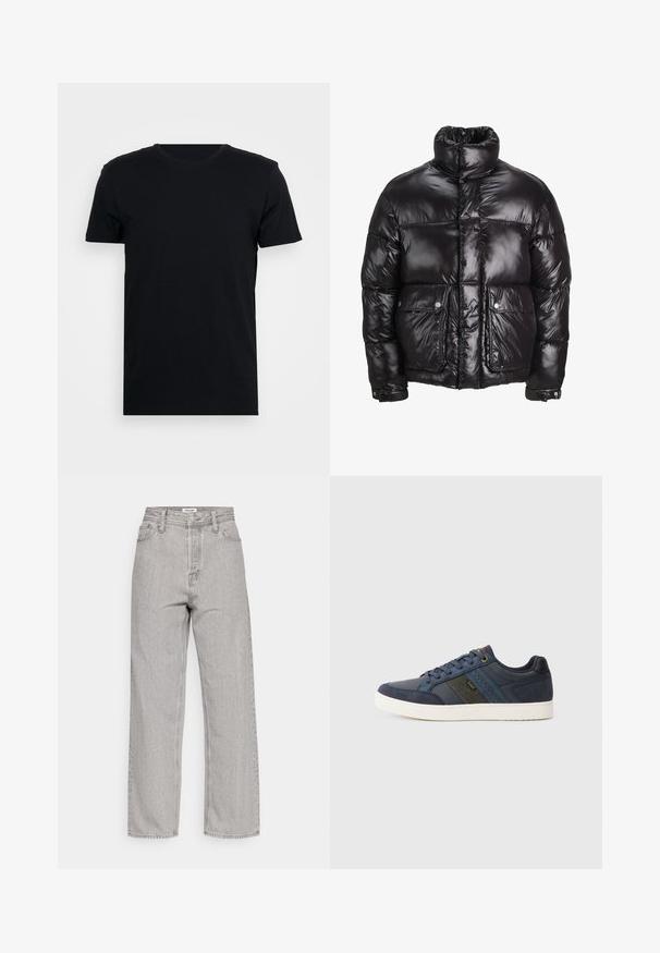 Jachetă puffer neagră din material lucios, cu guler înalt, două buzunare frontale cu închidere prin capse și un design căptușit.; Tricou negru cu mânecă scurtă, cu guler rotund, realizat dintr-un material neted, având o croială simplă și fără modele sau desene vizibile.; Jeans din denim gri deschis, cu talie înaltă și croială relaxată, având cinci buzunare și o textură subtilă. Croială dreaptă și detalii minimale.; Tenisi albaștri închis, cu talpă albă, șireturi, panouri din piele întoarsă și piele, și detalii cu dungi pe lateral cu logo-ul "Lee".