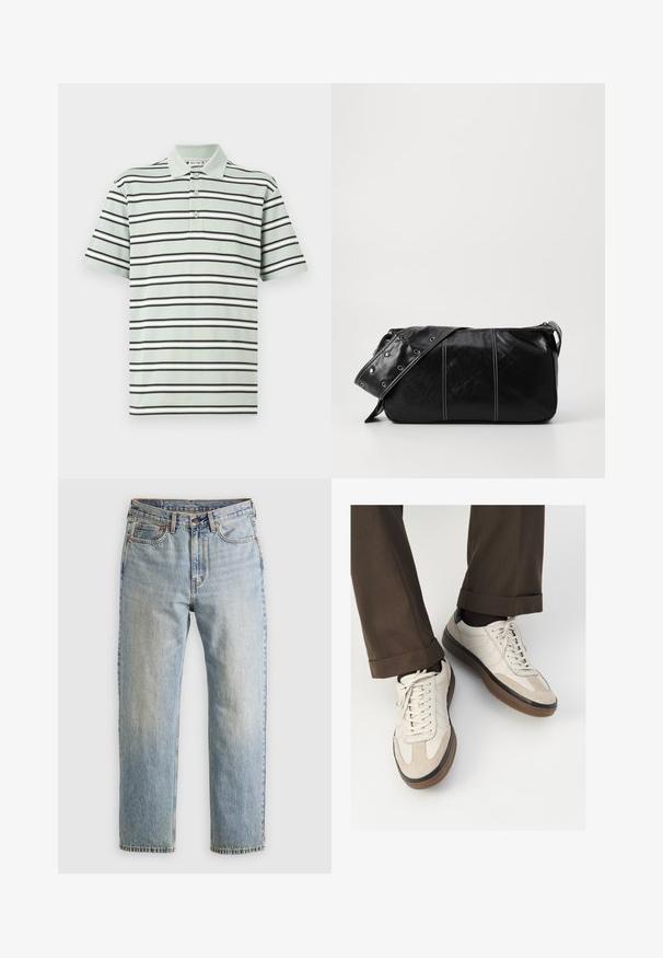 Zwarte pufferjack gemaakt van glanzend materiaal, met een hoge kraag, twee voorzakken met drukknoopsluitingen en een gewatteerd ontwerp.; Gestreepte poloshirt in lichtgroen, met zwart en witte horizontale strepen. Drieknoopsluiting en korte mouwen. Katoenen textuur.; Lichtblauwe denim jeans met hoge taille, frontknop, rits en vijfzakkenontwerp, plat gelegd op een neutrale achtergrond.; Beige sneakers met een leren voorkant van textuur-suède, gladde leren zijkanten en een bruine rubberen zool. Veters en lichte stikseldetails inbegrepen.; Zwarte leren schoudertas met een ritsluiting, voorzien van een gestructureerd lichaam, witte stiksels en een band met zilveren oogjes.