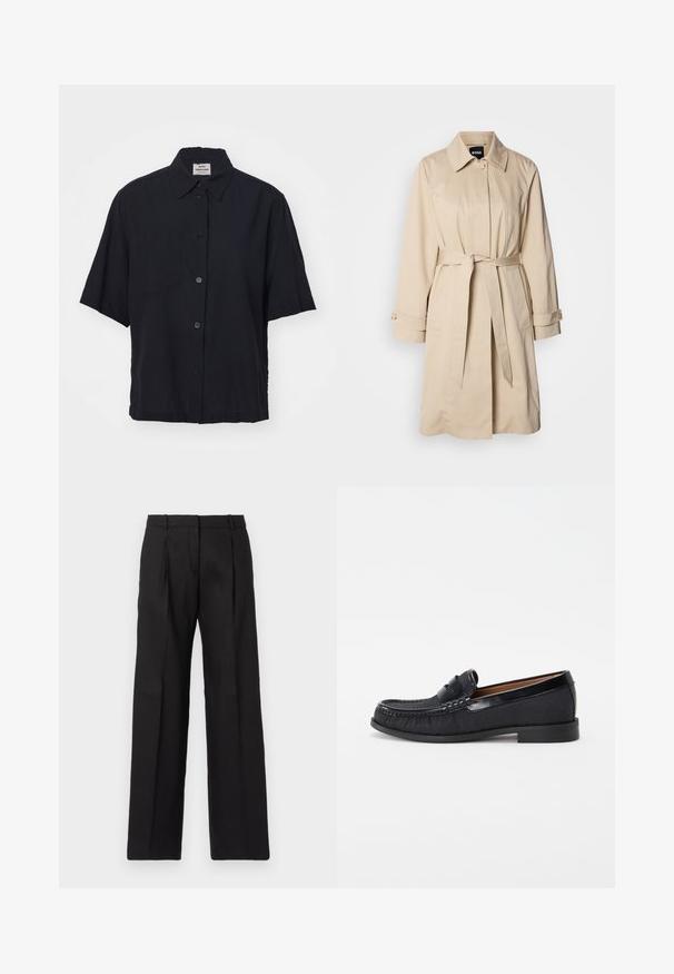 Beige trench coat with a belted waist, buttoned cuffs, and a collared neckline. Made from smooth, lightweight fabric.; Mads Nørgaard COLIN LORELLA  - Button-down blouse - black; Black tailored trousers with a straight-leg design, featuring sharp pleats and a smooth texture. Crafted from a lightweight fabric.; Black slip-on loafers made of textured fabric with a glossy leather accent and subtle stitching details, featuring a low rubber heel.