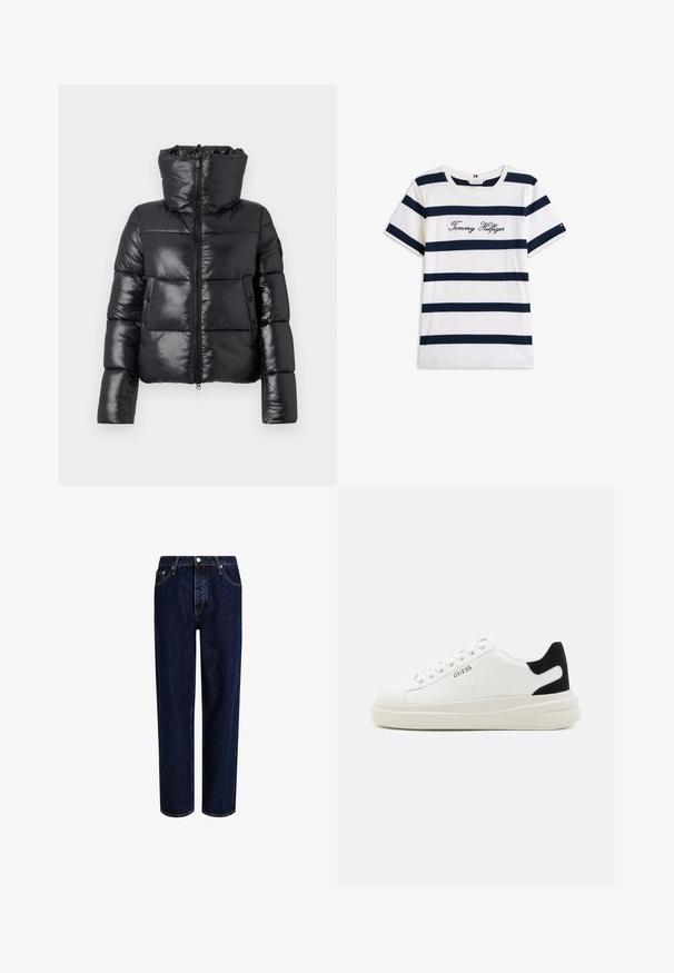 Chaqueta inflable negra con un acabado brillante, cuello alto y cierre de cremallera. Presenta grandes secciones acolchadas y bolsillos laterales.; Camiseta de algodón con rayas horizontales azul marino sobre un fondo blanco. "Tommy Hilfiger" bordado en cursiva en el pecho. Escote de tipo crew.; Jeans de mezclilla azul oscuro con un diseño de pierna recta, que presentan una cintura alta, estilo de cinco bolsillos y costuras en contraste. Sin adornos.; Zapatillas blancas de cuero con una suela blanca gruesa, acento en el talón de ante negro y logo grabado en el lateral. Diseño de cordones con seis ojales.