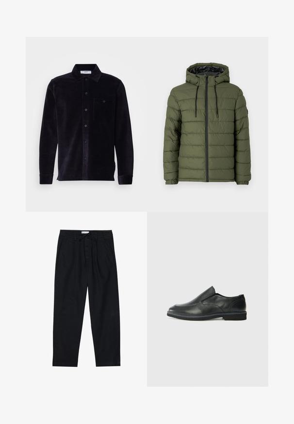 Oliwkowa kurtka puchowa z kapturem, z zamkiem z przodu, pikowanym wzorem oraz czarnymi detalami na zamku i sznurków.; Czarna koszula kordurowa z kołnierzykiem, długimi rękawami, zapięciem na guziki, kieszonką na piersi i teksturowanym materiałem. Posiada małą metkę u dołu.; Pier One - Chinosy; Czarne skórzane buty wsuwane z gładką cholewką, przeszyciami, okrągłym noskiem i niskim gumowym obcasem. Podeszwa ma minimalny bieżnik.