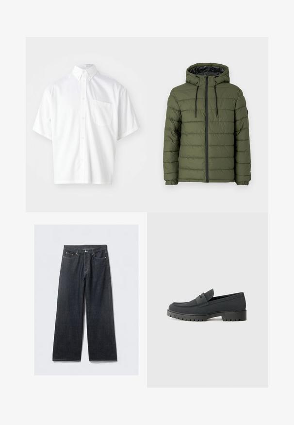 Casaco puffer verde oliva com capuz, apresentando fecho de correr na frente, design acolchoado e detalhes pretos no zíper e cordões.; Camisa branca de manga curta, feita de tecido liso, com colarinho abotoado e um único bolso frontal do lado esquerdo.; Calças largas de ganga escuras com cintura alta, apresentando rebites em tom cobre e costura em contraste, textura suave e sem padrões visíveis.; Sapatilha loafer preta com um acabamento liso e mate, apresentando uma ponta arredondada e uma sola espessa e texturizada. Acentuada com uma faixa na parte da frente.