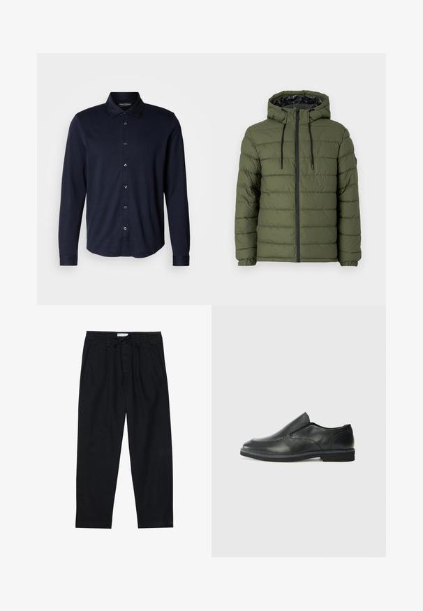 Olivinės spalvos pūkinė striukė su kapucu, su užtrauktuku priekyje, siuvinėta dizaino struktūra ir juodais akcentais ant užtrauktuko bei raištelių.; Tamsiai mėlynas ilgomis rankovėmis marškiniai, pagaminti iš minkštos medžiagos, su mygtukų apykakle, priekyje su šešiais mygtukais ir rankogaliais.; Pier One Chino stiliaus kelnės - black; Juodai odiniai įtvirtinimo batai su lygiu paviršiumi, siuvinėjimo akcentais, apvalia nosimi ir žemu guminiu kulnu. Pado raštas minimalus.