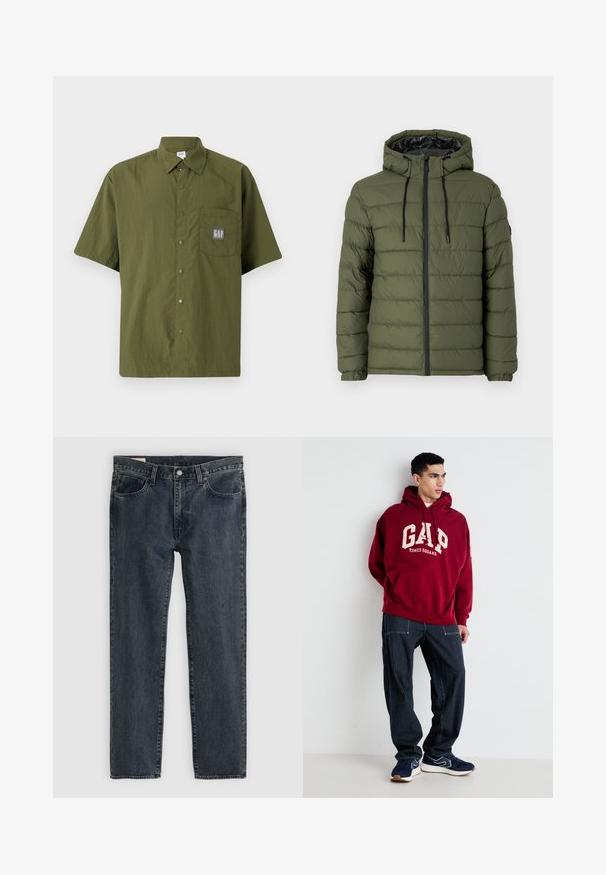 Olivovo zelená bunda s kapucňou, so zipsom na prednej strane, prešívaným dizajnom a čiernymi akcentmi na zipsu a šnúrkach.; Košeľa s krátkym rukávom v olivovo zelenej farbe s golierom na gombíky, má náprsné vrecko so šedým logom GAP.; Tmavomodré džínsy so rovnými nohavicami, piatimi vreckami a zapínaním na gombíky. Tkanina vykazuje jemné vyblednutie a textúru.; Bordo mikina s potlačou "GAP" a "TIMES SQUARE" v smotanovej farbe, skombinovaná s námornícky pruhovanými nohavicami a námorníckymi teniskami s bielymi akcentmi.