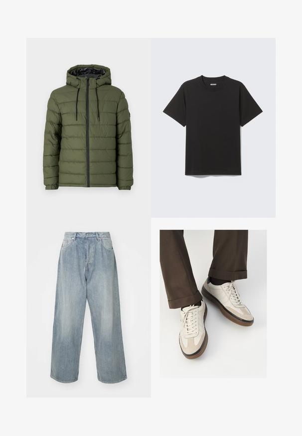 Oliivroheline puhvri jakk kapuutsiga, millel on luku eesmine osa, tikanditud disain ja mustad aktsendid lukul ja tõmblõngadel.; Mustast pehmest puuvillast lühikeste varrukatega T-särk, millel on ümargune kaelus ja lihtne disain ilma mustrite või aktsentideta.; Heledad sinine teksapüksid, millel on vabalt istuv lõige, kõrge vöökoht, viis taskut ja kontrastvärviline õmblus. Väljendab sirget sääreluud ja puhtaid ääriseid.; Bežid spordijalised, millel on tekstuuriga suede esiosa, siledast nahast küljed ja pruun kummitald. Lisatud on paelad ja heledad õmbluse detailid.