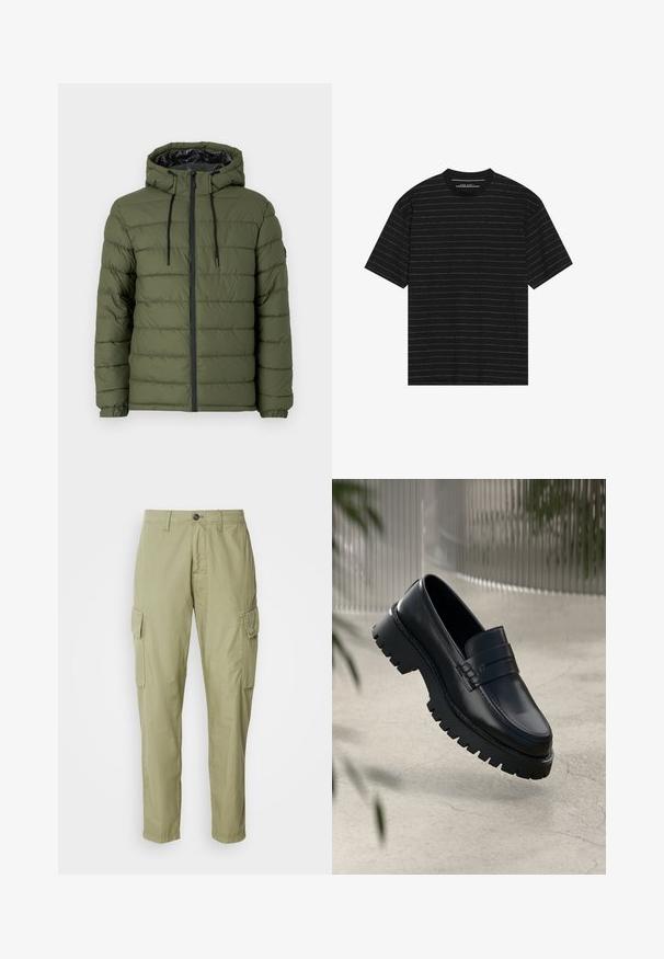 Olíva zöld puffertjacket kapucnival, elöl cipzárral, steppelt dizájnnal és fekete kiegészítőkkel a cipzáron és a húzózsinórokon.; Fekete, rövid ujjú póló, vékony fehér vízszintes csíkokkal. Puha anyagból készült, kerek nyakkivágással és laza fazonnal.; Fényolíva zöld cargo nadrág, textúrált anyagból készült, két oldalsó zsebbel és egyenes szabású dizájnnal, gombos záródással.; Fekete bőr loaferek masszív talppal, díszes pánttal és varrási részletekkel. Simább textúrájú, fényes felületű.