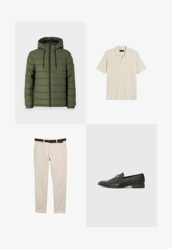 Olive green puffer jacket with a hood, featuring a zip front, quilted design, and black accents on the zipper and drawstrings.; Cream-colored short-sleeve polo shirt with a textured ribbed design and a classic collar. Features a narrow placket and stitched hem.; Beige straight-leg trousers with side pockets, belt loops, and a black belt with a rectangular buckle.; Black leather loafer with a smooth finish, featuring a stitched design and a decorative metal chain accent across the vamp. Flat heel.