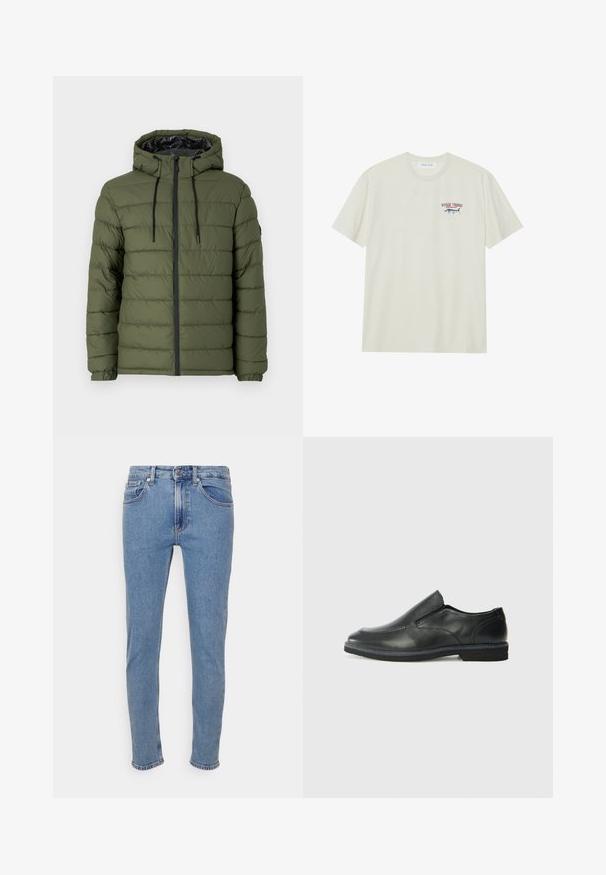 Chaqueta acolchada verde oliva con capucha, con cierre frontal de cremallera, diseño acolchado y detalles negros en la cremallera y los cordones.; Camiseta de algodón de color crema claro con mangas cortas. Presenta un pequeño gráfico azul y rojo de un marlín y el texto "TROFEO DE MARLÍN".; Jeans ajustados de color azul claro con botón y cremallera en la parte delantera, bolsillos delanteros y traseros, exhibidos sobre un fondo blanco.; Zapato negro de cuero sin cordones con un upper suave, detalles de costura, punta redonda y un bajo tacón de goma. La suela presenta una tracción mínima.