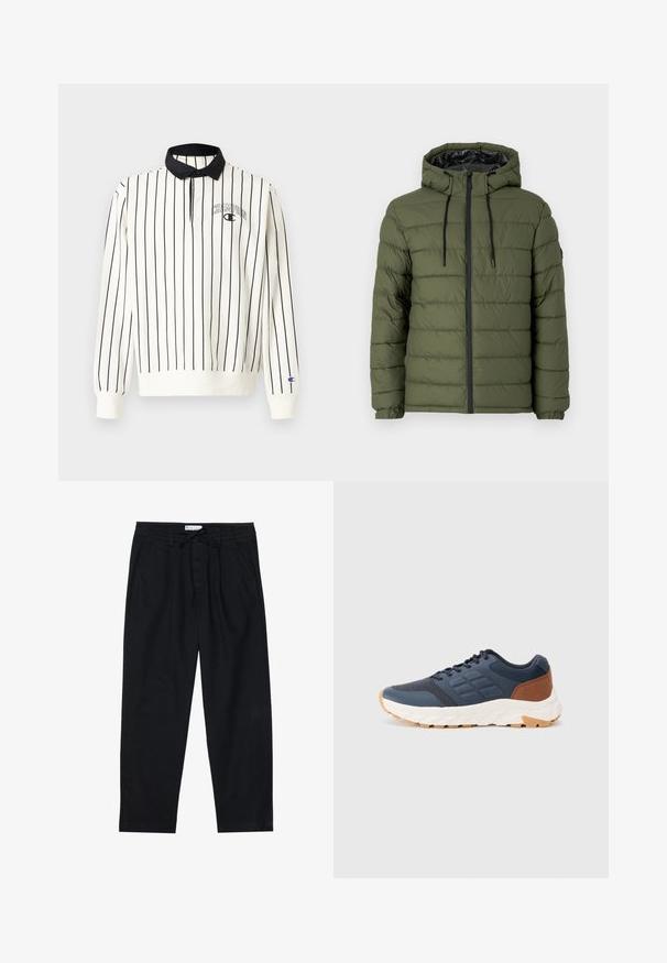 Oliwkowa kurtka puchowa z kapturem, z zamkiem z przodu, pikowanym wzorem oraz czarnymi detalami na zamku i sznurków.; Biała koszulka polo z długim rękawem w czarne pionowe paski, z gładkim czarnym kołnierzykiem i małym logo "Champion" na lewej piersi. Rękawy z mankietami.; Pier One - Chinosy; Granatowe buty sportowe z brązowym akcentem na pięcie, teksturowana siateczka na górze, wyściełany kołnierz i biała gumowa podeszwa z wzorzystym bieżnikiem.