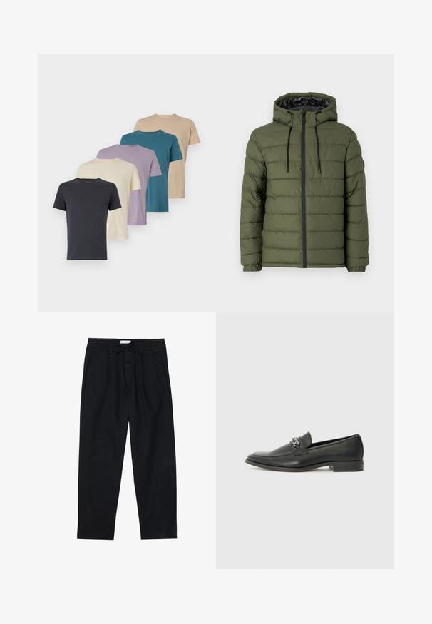 Olijfgroen pufferjack met een capuchon, met een ritssluiting aan de voorkant, een geplaatste ontwerp en zwarte accenten op de rits en de trekkoorden.; Vijf t-shirts met korte mouwen in donkergrijs, roomkleurig, lavendel, teal en beige. Gemaakt van zachte stof met een ronde hals en een standaard pasvorm.; Pier One Chino - black; Zwarte leren instapper met een gladde afwerking, voorzien van een gestikt ontwerp en een decoratieve metalen kettingaccent over de wreef. Platte hak.