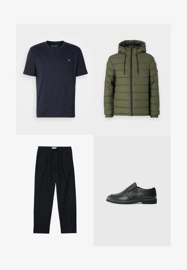 Olíva zöld puffertjacket kapucnival, elöl cipzárral, steppelt dizájnnal és fekete kiegészítőkkel a cipzáron és a húzózsinórokon.; Sötétkék pamut póló rövid ujjú, kerek nyakkivágással és kis hímzett logóval a mellkason. Sima textúra, hétköznapi dizájn.; Pier One Vászonnadrágok - black; Fekete bőr, slip-on cipő sima felsőrésszel, varrott díszítéssel, lekerekített orral és alacsony gumitalppal. A talpa minimális bordázattal rendelkezik.