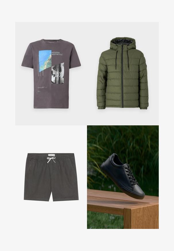 Olivnozelena puhovka s kapuco, z zadrgo spredaj, prešito zasnovo in črnimi detajli na zadrgi ter vrvicah.; Siva bombažna majica z grafičnim tiskom, na katerem so modri in črni geometrijski vzorci in besedilo, kratki rokavi in krožni izrez.; Sive kopalke iz mehkega materiala, z elastičnim pasom in belim vrvico, z obrobljenimi detajli in stranskimi žepi.; Črne usnjene superge z gladko teksturo, okroglo špicasto konico in ravnimi vezalkami, postavljene nad leseno površino z zeleno travo v ozadju.
