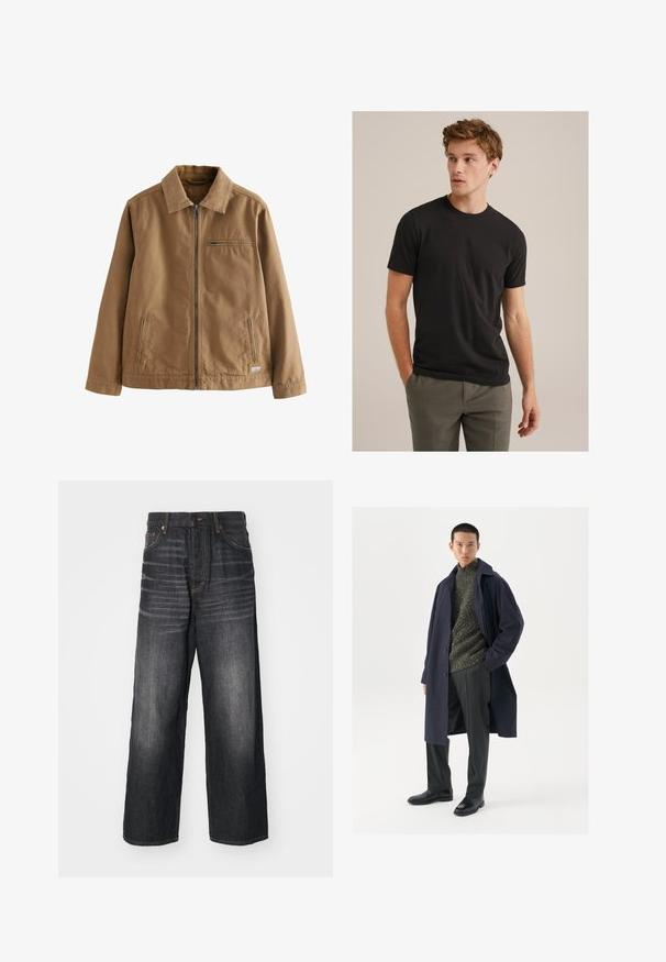 Brun zip-up jakke lavet af blandingsstof af bomuld. Har en kravehals, to sidelommer og en enkelt brystlomme.; Ung mand med krøllet lysebrunt hår iført sort kortærmet t-shirt og grå bukser, ser mod venstre med hænderne i lommerne.; Weekday ASTRO LOOSE BAGGY - Baggy jeans - ash black; Marinefrakke med knaplukning, grøn tekstureret sweater, sorte bukser og sorte læderstøvler. Glat stof med struktureret silhuet.