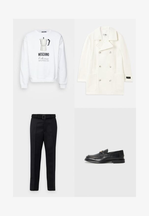 White double-breasted coat with large lapels, two front pockets, and silver-tone buttons, featuring a smooth texture and tailored design.; White sweatshirt featuring a graphic of a moka pot and text "MOSCHINO Colazione Spring Summer 2025" in black. Round neckline, long sleeves.; Black tailored trousers feature a smooth fabric, straight cut, and a belted waist with a rectangular buckle. Notable front creases enhance the design.; Black leather loafers feature a rounded toe, stitched detailing, and a small gold accent on the front. The sole is flat and discreet.