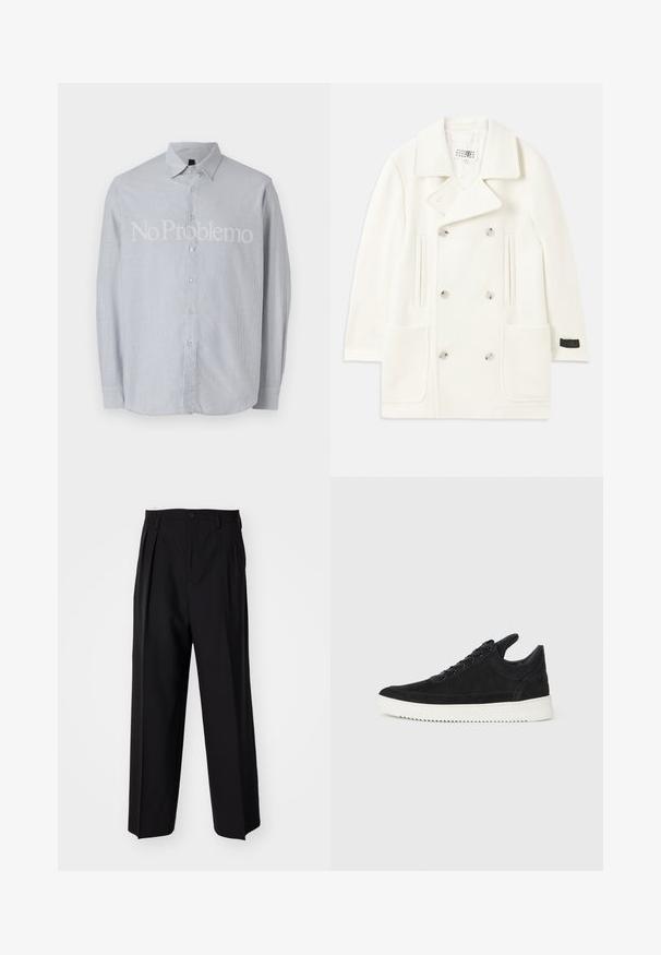 Valge topeltkootud mantel suurte kraedega, kahe eesmine taskuga ja hõbedaste nuppudega, millel on sile tekstuur ja kohandatud disain.; Hele sinine triibuline pikakäistega särk, millel on nööbitav krae ja esiküljel silmapaistev valge tekst "No Problemo".; Mustad volditud püksid sirge ja laia säärega disainiga. Valmistatud siledast kangast, millel on nuppudega sulgemine ja vööaasad.; Must mustel kingad valge kummist tallaga, millel on toon-toonis õmblused ja paeltega disain. Sile tekstuur ja moodne, voolujooneline kuju.