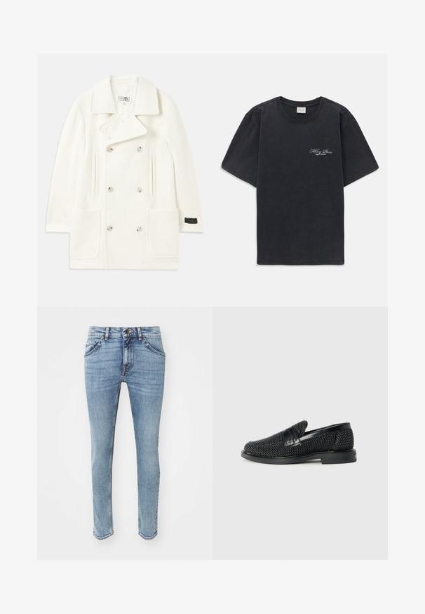 Balts divrindas mētelis ar lieliem klājējiem, divām priekšējām kabatām un sudraba toņa pogām, ar gludu tekstūru un pielāgotu dizainu.; Melna īsās piedurknes T-kreklā ar mazu balto "Filling Pieces" tekstu logotipu uz kreisā krūšu.; Gaiši zili džinsi ar šauru piegriezumu, piecu kabatu dizainu, jostas cilpām un pogu aizdari. Klusa izbalināšanas detaļa.; Melnas austas slaidu kurpes ar gludu ādas akcentu augšpusē, apaļas formas purngalu un zemas profila gumijas zoli.