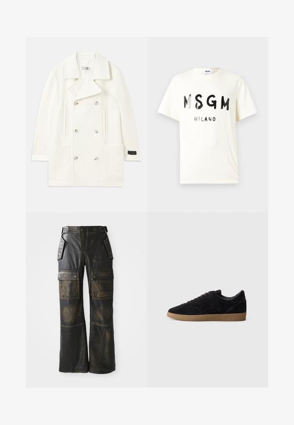 Balta dvigubai sagta striukė su dideliais apykaklėmis, dviem priekinėmis kišenėmis ir sidabro spalvos sagomis, turinti lygų paviršių ir pritaikytą dizainą.; MSGM Marškinėliai su spaudiniu - off white; Juodos odinės cargo kelnės su nusidėvėjusiu tekstūru, turinčios dideles šonines kišenes, aukštą liemenį ir kontrastingą siuvinėjimą per siūles.; Juodi nubuko sportiniai bateliai su tekstūruotu paviršiumi, su išskirtiniu kreiviu logotipu, pilkomis raištelėmis ir šviesiai rudos gumos padu.