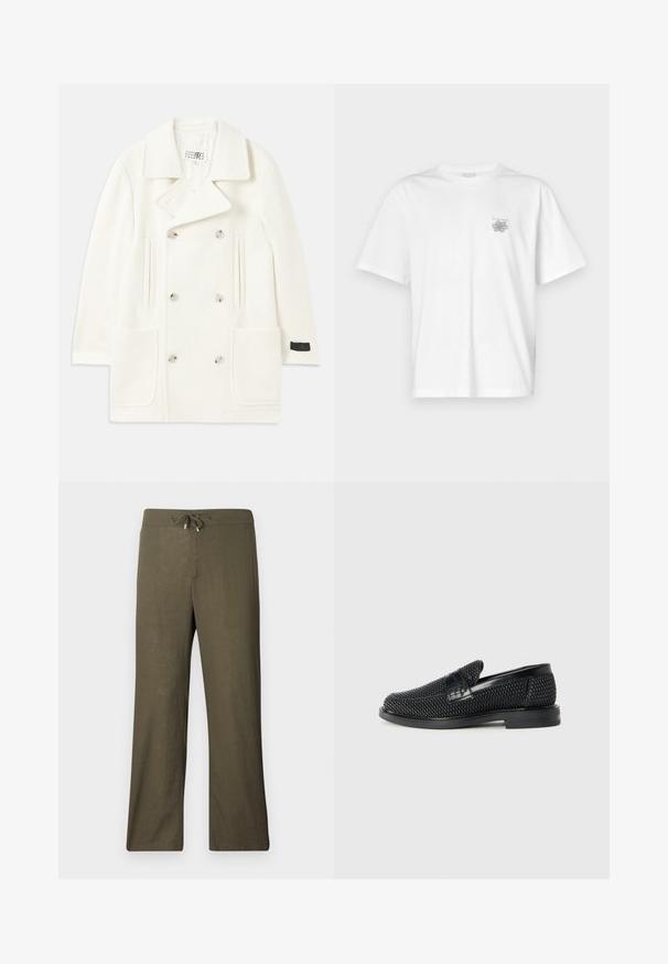 Bílý dvouřadý kabát s velkými klopami, dvěma předními kapsami a stříbrnými knoflíky, který se vyznačuje hladkou texturou a upraveným střihem.; Bílá bavlněná trička s krátkým rukávem, kulatým výstřihem a malým šedým logem na levé části hrudi. Hladká textura.; Volné olivově zelené lněné kalhoty s páskem na šňůrku a širokými nohavicemi. Hladká textura, minimalistický design, žádné viditelné vzory ani zdobení.; Černé pletené nazouvací boty s hladkým koženým akcentem na svršku, kulatou špičkou a nízkoprofilovou gumovou podrážkou.